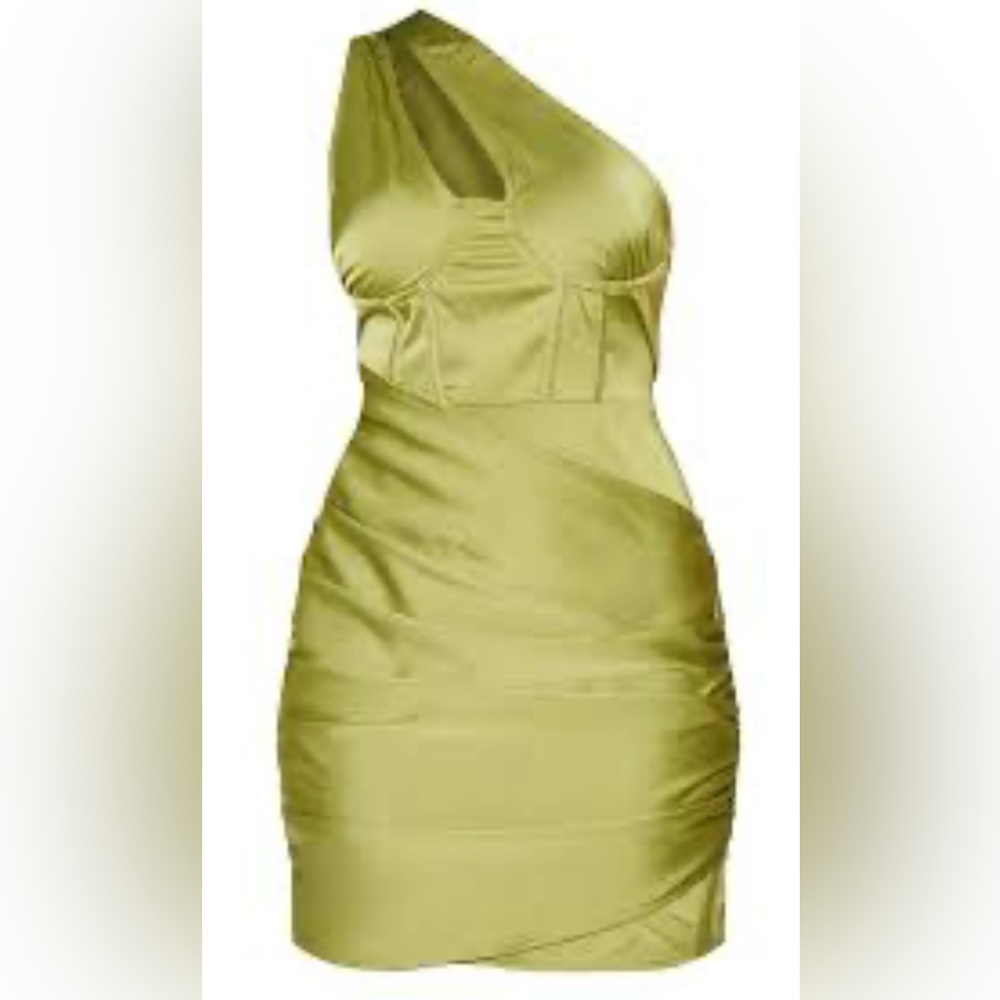 PRETTYLITTLETHING OLIVE SATIN ONE SHOULDER CORSET DETAIL BODYCON DRESS Size12
